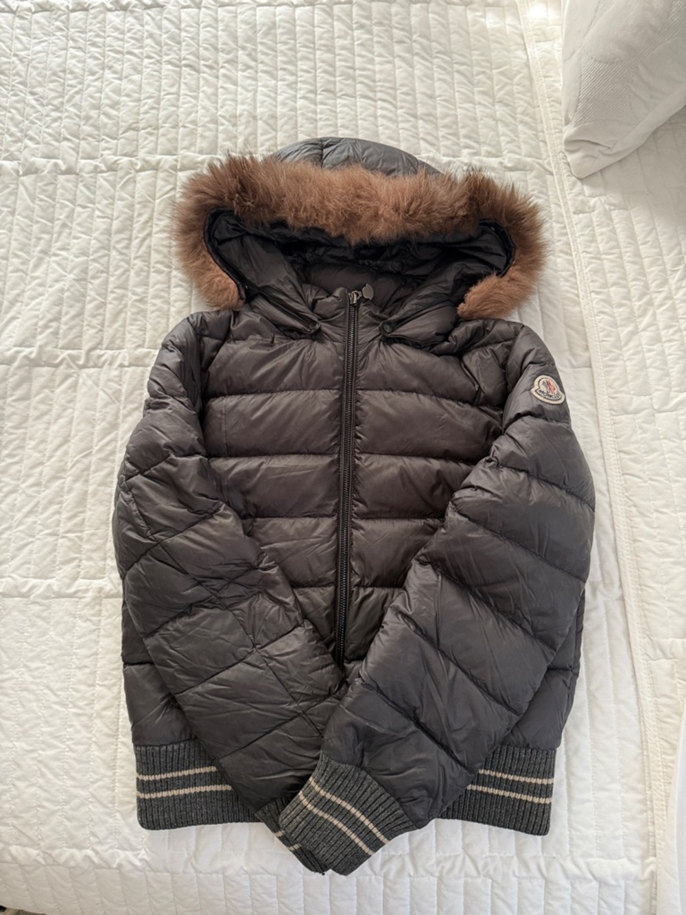 Moncler Black Puffer Jacket with Brown Fur Hood Trim GIRLS
